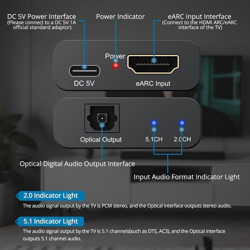 AUTOUTLET محول HDMI eARC إلى صوت بصري - محول eARC/ARC إلى بصري للتلفزيونات، ومكبرات الصوت، وأنظمة المسرح المنزلي، وأنظمة الصوت، يدعم معدل عينة 192KHz، Dolby 5.1 و DTS 5.1 - Image 5